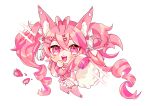  1girl absurdres ahoge animal_ear_fluff animal_ears breasts chibi fang food food-themed_hair_ornament fox_ears fox_girl fruit hair_ornament highres indie_virtual_youtuber kireina_(osiimi) linda_evans mole mole_on_breast open_mouth pink_eyes pink_hair solo strawberry strawberry_hair_ornament twintails 
