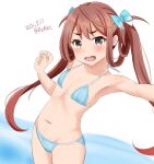  1girl ame-san asagumo_(kancolle) bikini black_eyes blue_bikini breasts brown_hair commentary_request cowboy_shot dated hair_ribbon highres kantai_collection long_hair looking_at_viewer one-hour_drawing_challenge open_mouth ribbon selfie simple_background small_breasts solo swimsuit twintails twitter_username white_background 