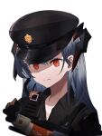  1girl absurdres arknights black_headwear black_shirt closed_mouth collared_shirt commentary dragon_horns english_commentary expressionless hat highres horns long_hair looking_at_viewer official_alternate_costume oni22 orange_eyes police_hat saria_(arknights) saria_(the_law)_(arknights) shirt silver_hair simple_background solo upper_body walkie-talkie white_background 