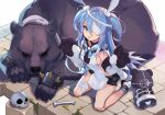 1girl :d animal animal_ears bandage_over_one_eye bare_shoulders bear black_choker black_shorts blue_eyes blue_hair bone boots bow bowtie breasts choker elbow_gloves fang gloves hair_between_eyes highres hood hood_down kneeling linmiu_(smilemiku) little_witch_nobeta long_hair looking_at_viewer monica_(little_witch_nobeta) open_mouth paw_gloves paws rabbit_ears revealing_clothes short_shorts shorts sideless_outfit skull small_breasts smile socks solo stuffed_animal stuffed_toy teddy_bear thighs two_side_up very_long_hair 