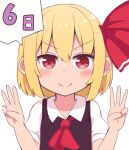  1girl bangs black_dress blonde_hair blush closed_mouth collar dress eyebrows_visible_through_hair hair_between_eyes hair_ribbon hands_up looking_at_viewer number red_eyes red_neckwear red_ribbon ribbon rumia saisoku_no_yukkuri short_hair short_sleeves simple_background smile solo touhou v-shaped_eyebrows white_background white_collar white_sleeves 