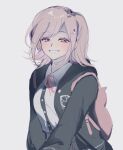  1girl backpack bag bangs black_jacket black_shirt blush cowboy_shot dangan_ronpa_(series) dangan_ronpa_2:_goodbye_despair dress_shirt eyebrows_visible_through_hair grin hair_ornament hairclip highres jacket long_sleeves looking_at_viewer medium_hair nanami_chiaki neck_ribbon open_clothes open_jacket pink_eyes pink_hair pink_ribbon ribbon shi_xu_jiu_zhou shiny shiny_hair shirt shirt_tucked_in simple_background smile solo spaceship_hair_ornament teeth two-tone_shirt upper_body white_shirt 