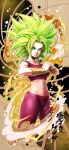  1girl absurdres amaguchi_chiyoko bangs breasts collarbone crop_top dragon_ball dragon_ball_super earrings fist_in_hand fusion green_eyes green_hair groin highres hip_bones jewelry kefla_(dragon_ball) legendary_super_saiyan looking_at_viewer midriff pants parted_bangs potara_earrings purple_pants purple_shirt shirt skin_tight smile solo spiky_hair super_saiyan taut_clothes tight tight_pants v-shaped_eyebrows 