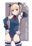  1girl black_ribbon blonde_hair blue_eyes blue_legwear blue_leotard blush breasts dead_or_alive dead_or_alive_5 elbow_gloves frilled_leotard frilled_swimsuit frills gloves hair_ornament hair_ribbon highres leotard looking_at_viewer marie_rose minato_asuka ribbon shiny shiny_hair small_breasts solo solo_focus swimsuit teeth thumbs_down twintails x_hair_ornament 