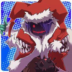  1boy alternate_costume bag bangs bomb christmas commentary_request creator_(ragnarok_online) emon-yu hair_over_one_eye living_clothes looking_at_viewer mask purple_hair ragnarok_online santa_costume short_hair solo teeth tentacles upper_body 