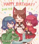  3girls :d ;) ^_^ animal_ear_fluff animal_ears arinu black_footwear black_shirt blue_eyes blue_hair brooch cloak closed_eyes closed_mouth confetti dated dress eyebrows_visible_through_hair fang frilled_kimono frills grass_root_youkai_network green_kimono hands_together happy_birthday hat head_fins highres holding holding_clothes holding_hat imaizumi_kagerou japanese_clothes jewelry kimono long_sleeves looking_at_viewer mermaid monster_girl multicolored multicolored_clothes multicolored_dress multiple_girls one_eye_closed open_mouth party_hat red_dress red_eyes red_skirt redhead sekibanki shirt short_hair simple_background skirt smile standing touhou two-tone_dress wakasagihime white_dress wolf_ears 