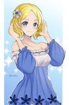  bare_shoulders blonde_hair blue_eyes dress ericchika fire_emblem fire_emblem_warriors flower frills gown hair_flower hair_ornament hair_tucking hairpin highres lianna_(fire_emblem) nightgown princess sleepwear sunflower sunflower_hair_ornament 