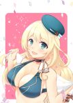  1girl atago_(kancolle) beret bikini bikini_top black_choker blonde_hair breasts choker green_bikini green_eyes green_headwear hat kantai_collection large_breasts long_hair solo swimsuit teramoto_kaoru upper_body 