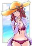  1girl :o absurdres arm_behind_back bikini blurry blurry_background blush breasts breasts_apart collarbone cowboy_shot finger_to_cheek groin hand_up hat highres idolmaster idolmaster_cinderella_girls large_breasts light_smile long_sleeves looking_at_viewer midriff mifune_miyu motodouryou navel ocean open_clothes open_shirt outside_border panties redhead ribbon-trimmed_bikini shirt side-tie_panties solo straw_hat swimsuit thigh-highs thigh_gap underwear white_shirt 