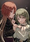  2girls absurdres aketa_mikoto bangs belt brown_eyes brown_hair choker earrings finger_to_mouth fingers_together glitter green_eyes green_hair green_nails highres holding_hands huge_filesize idolmaster idolmaster_shiny_colors jewelry long_hair long_sleeves looking_at_viewer mochiko_(uyu_omochi) multiple_girls nail_polish nanakusa_nichika red_nails shirt shushing skirt 