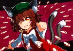  1girl animal_ears arm_up bangs black_border border bow brown_hair cat_ears cat_tail chen danmaku dress earrings eyebrows_visible_through_hair green_headwear hair_between_eyes hands_up hat holding jewelry long_sleeves looking_at_viewer mob_cap multicolored multicolored_eyes open_mouth pointing pointing_at_viewer qqqrinkappp red_background red_dress red_eyes short_hair single_earring smile solo tail touhou traditional_media white_bow white_neckwear white_sleeves yellow_eyes 