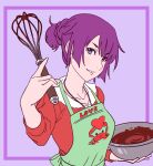  1girl apron bakemonogatari baking blue_eyes bowl chocolate chocolate_making commentary_request crab english_text eyebrows_visible_through_hair frilled_shirt_collar frills hand_up heart holding holding_bowl holding_whisk lips long_sleeves monogatari_(series) parted_lips pink_background purple_hair rapa_rachi red_shirt senjougahara_hitagi shirt simple_background smile solo tied_hair upper_body 
