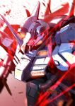  glowing glowing_eyes gundam highres horns kuri_giepi looking_down mecha mecha_request mobile_suit no_humans red_eyes science_fiction single_horn solo upper_body 