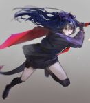  1girl ak_(ak98110881) arknights black_footwear blue_hair blue_jacket boots ch&#039;en_(arknights) commentary dragon_horns dragon_tail gloves grey_background holding holding_sword holding_weapon holster horns jacket knee_boots long_hair long_sleeves midair open_mouth red_eyes shorts simple_background solo sparks sword tail thigh_holster upper_teeth v-shaped_eyebrows weapon 