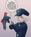  1boy :d bangs black_gloves black_headwear black_jacket black_scarf blush cheer_(cheerkitty14) commentary dangan_ronpa_(series) dangan_ronpa_v3:_killing_harmony english_text glados gloves gradient gradient_background grey_background grey_hair hands_up hat highres holding holding_another jacket keebo long_sleeves male_focus monotarou_(dangan_ronpa) open_mouth portal_(series) scarf short_hair smile speech_bubble stuffed_animal stuffed_toy sweat teddy_bear upper_body upper_teeth 