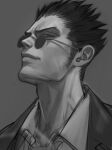  1boy business_suit closed_mouth collared_shirt cutiicosmo formal grey_background greyscale head_tilt hunter_x_hunter jacket leorio_paladiknight looking_to_the_side monochrome round_eyewear shirt short_hair sideburns spiky_hair suit 