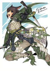  1girl animal_ears armor bangs black_eyes black_hair cat_ears cat_tail commission final_fantasy final_fantasy_xiv holding holding_sword holding_weapon katana leg_armor looking_at_viewer minchia miqo&#039;te obi open_mouth samurai_(final_fantasy) sash short_hair shoulder_armor solo sword tail weapon 