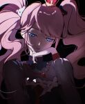  1girl alternate_costume bear_hair_ornament black_background blue_eyes colored_sclera commentary_request crown dangan_ronpa:_trigger_happy_havoc dangan_ronpa_(series) dress enoshima_junko eyebrows_visible_through_hair floating_hair grey_sclera hair_ornament half-closed_eyes hand_on_own_chin hand_up highres jewelry lips long_hair long_sleeves looking_at_viewer nail_polish necklace parted_lips pink_hair ribbon_trim shi_xu_jiu_zhou solo sparkle teeth twintails upper_teeth very_long_hair 