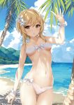  1girl :o ass_visible_through_thighs bad_hands bangs bare_arms bare_shoulders beach bikini blonde_hair blush bow breasts breasts_apart collarbone cowboy_shot dappled_sunlight day flower genshin_impact hair_flower hair_ornament horizon looking_at_viewer lumine_(genshin_impact) navel ocean open_mouth outdoors palm_tree rococo scrunchie short_hair sidelocks skindentation small_breasts solo stomach strapless strapless_bikini sunlight swimsuit thigh_gap tree under_boob water white_bikini white_bow white_flower wrist_scrunchie yellow_eyes 