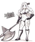  1girl amazon_(dragon&#039;s_crown) armor axe big_hair bikini_armor boots breasts circlet closed_mouth contrapposto copyright_name dragon&#039;s_crown full_body gloves hand_on_hip highres holding holding_axe holding_weapon huge_weapon knee_boots lamb-oic029 long_hair looking_at_viewer medium_breasts navel simple_background solo toned weapon white_background 