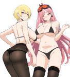  2girls ass back bare_shoulders bikini black_bikini blonde_hair blue_eyes blush breasts chela77 cowboy_shot earrings girls_frontline goggles goggles_on_head hair_ornament hairclip jewelry large_breasts long_hair looking_at_viewer mole mole_on_breast mole_under_eye multiple_girls navel pantyhose pink_hair short_hair sig_mcx_(girls_frontline) sketch swimsuit tattoo thigh-highs very_long_hair vsk-94_(girls_frontline) white_background 