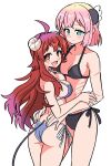  2girls ahoge ass bikini blush breasts brown_eyes brown_hair chiyoda_momo collarbone commentary_request curled_horns demon_girl demon_horns demon_tail eyebrows_visible_through_hair fang green_eyes hair_ornament hairclip halterneck highres hiroshix31 horns hug long_hair looking_at_another looking_at_viewer machikado_mazoku medium_breasts multiple_girls open_mouth pink_hair scar shiny shiny_hair short_hair side-tie_bikini simple_background skin_fang small_breasts smile string_bikini swimsuit tail white_background yoshida_yuuko_(machikado_mazoku) yuri 