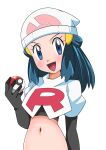  1girl :d alternate_costume beanie black_gloves blue_eyes blue_hair blush commentary_request cropped_jacket hikari_(pokemon) elbow_gloves eyelashes gloves hainchu hair_ornament hairclip hand_up hat highres holding holding_poke_ball jacket long_hair looking_at_viewer midriff navel open_mouth poke_ball poke_ball_(basic) pokemon pokemon_(anime) pokemon_dppt_(anime) simple_background smile solo team_rocket_uniform tongue white_background white_headwear white_jacket 
