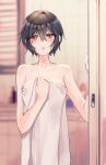  1girl bangs bathroom black_hair blurry blurry_background collarbone commentary covering d4dj giraffe_three hair_between_eyes hands_up highres looking_at_viewer miyake_aoi naked_towel nude_cover parted_lips short_hair solo towel upper_body wet wet_hair yellow_eyes 