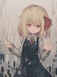  1girl arms_up bad_hands bangs black_skirt black_vest blonde_hair bow breasts collared_shirt glitch hair_bow highres lit_ter long_sleeves looking_at_viewer open_mouth red_eyes rumia shirt short_hair skirt skirt_set small_breasts solo standing touhou vest white_background white_shirt 