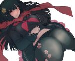  1girl bangs black_hair black_legwear black_serafuku blush breasts cherry_blossom_print commentary floral_print girls_frontline hair_ornament highres knees_together_feet_apart knees_up kojima_(blue_stardust) long_hair long_sleeves looking_at_viewer lying medium_breasts midriff_peek navel neckerchief on_back open_mouth pantyhose pleated_skirt red_eyes red_scarf sailor_collar scarf school_uniform serafuku skirt solo type_100_(girls_frontline) white_background 