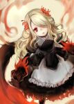  1girl bangs black_dress blonde_hair character_request closed_mouth dress flaming_hand flower from_above hair_flower hair_ornament hair_over_one_eye long_hair long_sleeves red_eyes red_flower sinoalice solo spider_lily teroru wavy_hair yellow_background 