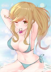  1girl :3 absurdres armpits arms_behind_head bikini blonde_hair breasts eyebrows_visible_through_hair file112056 highres inuyama_aoi large_breasts long_hair looking_at_viewer mouth_hold navel one_eye_closed side-tie_bikini side_ponytail sitting solo swimsuit thick_eyebrows wariza water yurucamp 