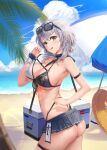  1girl absurdres ass beach beach_umbrella bikini_skirt blue_sky breasts clouds cooler cowboy_shot cryturtle eyebrows_visible_through_hair eyewear_on_head from_side green_eyes highres hololive innertube large_breasts lens_flare looking_at_viewer palm_tree sand shirogane_noel short_hair silver_hair sky solo strap_lift sunglasses sunlight swimsuit thigh_strap tongue tongue_out tree umbrella virtual_youtuber water 