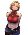  1girl 6maker abs absurdres arms_behind_back belt blonde_hair blue_eyes blue_mary blue_pants breasts cropped_sweater denim highres jeans jewelry large_breasts leaning_forward looking_at_viewer loose_belt multiple_belts pants pendant red_sweater ribbed_sweater short_hair sleeveless_sweater solo sweater the_king_of_fighters turtleneck turtleneck_sweater white_background wide_hips 