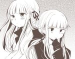  1girl bangs blunt_bangs blush blush_stickers braid collared_shirt commentary_request dangan_ronpa:_trigger_happy_havoc dangan_ronpa_(series) dangan_ronpa_3_(anime) frown gloves greyscale hair_ribbon hand_up highres jacket kirigiri_kyouko long_hair monochrome multiple_views open_clothes open_jacket ponytail ribbon shirt side_braid single_braid thinking upper_body yuki_maru_(yukimaru_1) 