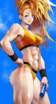  1girl abs absurdres bandaid bandaid_on_face bare_arms biceps blue_sky blush breasts captain_mizuki clouds day earrings hand_on_hip highres jewelry large_breasts looking_at_viewer midriff muscular muscular_female navel one-punch_man orange_hair relay_baton revision shoulders side_ponytail sky smile solo sweat teeth thighs violet_eyes yoshio_(55level) 