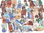  1boy 5girls ahoge alcohol all_fours aqua_(konosuba) arm_around_shoulder arm_support armor armored_boots armpits ass bandaged_leg bandages bare_shoulders beer_mug belt between_breasts blonde_hair blue_eyes blue_footwear blue_hair blue_legwear blue_shirt blue_skirt blush bodystocking boots bottle bow braid breasts brown_belt brown_cape brown_eyes brown_footwear brown_gloves brown_hair cape cheek_pull clenched_hand clenched_hands cloak closed_eyes closed_mouth crown_braid crying cup darkness_(konosuba) detached_sleeves dress fighting_stance fingerless_gloves gloves green_bow green_cape hair_ornament hair_over_one_eye hair_rings hand_to_own_mouth hands_on_hips hat hat_removed headwear_removed high_ponytail holding holding_another holding_bottle holding_sword holding_weapon kneeling kono_subarashii_sekai_ni_shukufuku_wo! large_breasts long_hair looking_down looking_to_the_side looking_up low_tied_hair lying megumin mug multiple_girls naked_towel necktie necktie_between_breasts nude on_stomach open_mouth outstretched_arm partially_submerged pink_neckwear ponytail red_cloak red_dress red_eyes robe satou_kazuma shima_(landsuzume) shirt short_hair short_hair_with_long_locks sidelocks single_thighhigh sitting skirt sleeveless sleeveless_shirt smile squatting standing sword thigh-highs thigh_boots thighhighs_under_boots thighs thumbs_up tongue tongue_out towel tying_hair weapon white_background white_towel witch_hat wiz_(konosuba) writing x_hair_ornament yunyun_(konosuba) 