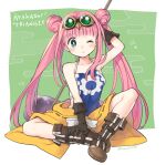 1girl artist_name ayakashi_triangle bare_shoulders blush boots brown_footwear commentary_request copyright_name double_bun english_text eyelashes gears gloves goggles goggles_on_head green_background green_eyes hammer kashito05 korogi_reo long_hair looking_at_viewer one_eye_closed pink_hair sitting solo twintails very_long_hair 