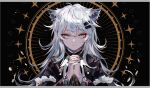  1girl animal_ears arknights bangs black_background commentary grey_eyes lappland_(arknights) lappland_(refined_horrormare)_(arknights) long_hair looking_at_viewer official_alternate_costume own_hands_together sheya silver_hair solo upper_body wolf_ears 