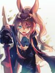  1girl amiya_(arknights) amiya_(guard)_(arknights) animal_ears arknights bangs blood blue_eyes brown_hair cravat eyebrows_visible_through_hair highres jacket long_hair long_sleeves open_mouth ponytail rabbit_ears solo sword weapon yunweishukuang 