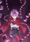  aqua_eyes black_background black_pants cape croix_meridies cube dark_background eyebrows_visible_through_hair highres light_purple_hair little_witch_academia long_sleeves pants red_cape red_footwear shirt short_hair smile tama_(tama-s) very_short_hair white_shirt 