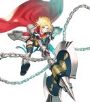  1girl amelia_(fire_emblem) armor bangs black_legwear blonde_hair cape fire_emblem fire_emblem:_the_sacred_stones fire_emblem_heroes full_body gauntlets green_eyes highres official_art red_cape shiny shiny_hair short_hair shoulder_armor skirt solo taroji thigh-highs toeless_footwear transparent_background 