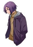  1boy bangs blue_lock closed_mouth hands_in_pockets jacket looking_at_viewer male_focus mikage_reo open_clothes open_jacket profile purple_hair short_hair simple_background solo sweater tarou_(run) turtleneck turtleneck_sweater upper_body violet_eyes white_background 