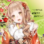  1girl :d bangs blonde_hair floral_background flower green_background hair_between_eyes hair_ornament hair_ribbon japanese_clothes kimono little_red_riding_hood_(sinoalice) long_hair long_sleeves looking_at_viewer open_mouth pink_flower purple_flower red_flower red_kimono ribbon sinoalice smile solo teroru yellow_eyes 