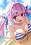  1girl ahoge bangs beach blue_hair blush braid breasts collarbone eyebrows_visible_through_hair highres hololive large_breasts long_hair looking_at_viewer lying madai_(mappy) minato_aqua multicolored_hair ocean on_stomach open_mouth purple_hair sky smile solo twintails two-tone_hair violet_eyes virtual_youtuber 