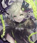  1boy ahoge belt black_gloves buckle capelet chain eyebrows_visible_through_hair feather_hair_ornament feathers frown gloves green_eyes green_hair hair_ornament hairclip holding holding_weapon leaning_forward looking_at_viewer male_focus parted_lips pinocchio_(sinoalice) polearm short_hair shorts sinoalice smoke solo weapon yoshiki_(reborunlove) 