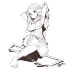  1girl ashe_(league_of_legends) blush breasts character_request dated dress ejami feet greyscale league_of_legends long_hair looking_at_viewer monochrome signature simple_background solo thigh-highs weapon white_background 