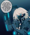  1boy ahoge android bangs blue_background blue_eyes cheer_(cheerkitty14) commentary dangan_ronpa_(series) dangan_ronpa_v3:_killing_harmony english_commentary english_text glados gradient gradient_background grey_hair hair_between_eyes highres holding holding_weapon jetpack keebo looking_at_viewer male_focus mask mouth_mask portal_(series) power_armor short_hair solo speech_bubble upper_body weapon 