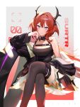  1girl arknights blush collar demon_girl demon_horns dress highres horns jacket long_hair looking_at_viewer nannaspad off_shoulder redhead spiked_collar spikes surtr_(arknights) thigh-highs violet_eyes 