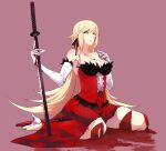  1girl bare_shoulders blonde_hair blood blood_on_face blood_stain bloody_hands bridal_gauntlets collarbone dress eyebrows_visible_through_hair fur_trim gloves hair_ribbon high_heels highres holding holding_sword holding_weapon katana kiss-shot_acerola-orion_heart-under-blade kizumonogatari kneeling long_hair looking_at_viewer monogatari_(series) planted planted_sword pointy_ears pool_of_blood rdc7229 red_dress ribbon simple_background solo sword thighs weapon white_gloves yellow_eyes 